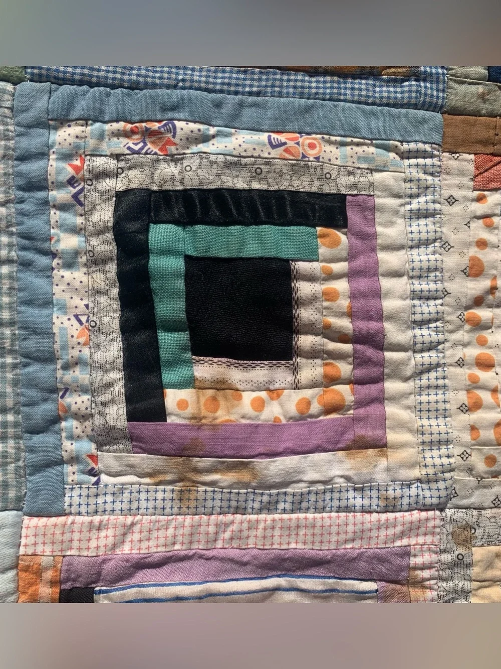 Antique 1940s or older multicolor multi-material log cabin quilt